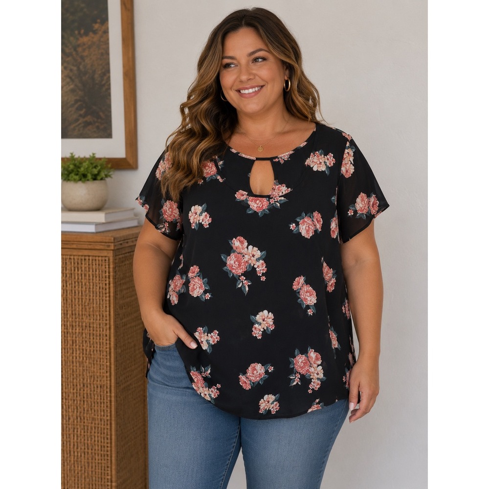 Torrid Black Floral Georgette Front Keyhole Drape Back Blouse Top Size 00 M L